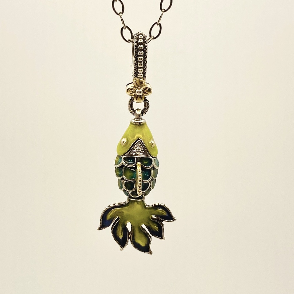 Barabara Bixby 18kt Gold Sterling and Topaz Reticulated Enamel Fish Pendant